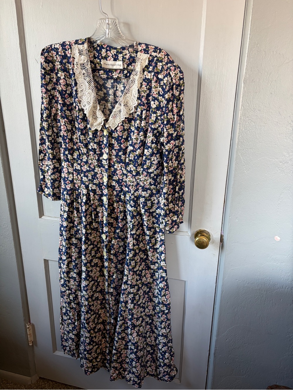 True Vintage 80’s Navy Floral Midi Dress with Lace Collar 9-06